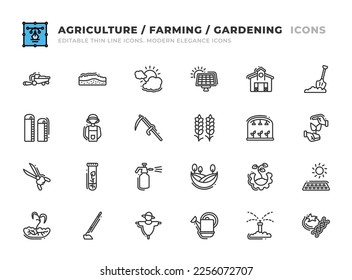 Editable Agriculture and Farming icons set. Thin line outline icons such as outhouse, agronomist, loam, weather conditions, solar batteries, depot, crofter, glasshouse, straw man, clippers