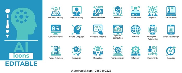 Editable AI Icon Set: Machine Learning, Robotics, Deep Learning, Big Data, Predictive Analytics, and Automation Vectors 