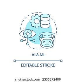 Icono de línea delgada azul de los conceptos Ai y ML editable, vector aislado que representa la democratización de los datos.