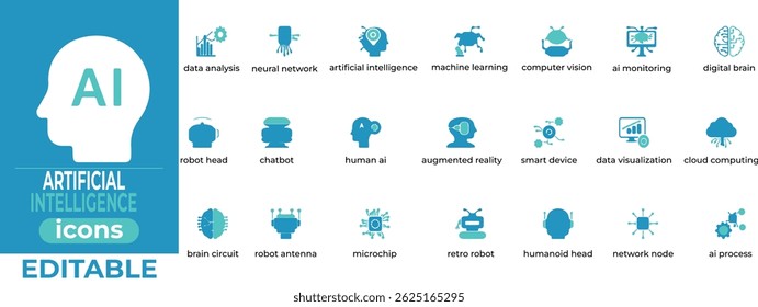 Bearbeitbare AI-Vektorsymbole mit klaren Linien, perfekt für Tech-, Innovations- und Machine-Learning-Projekte und -Schnittstellen