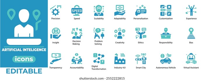 Bearbeitbare AI-Vektorsymbole für Präzision, Skalierbarkeit, Ethik, Problemlösung, Automatisierung, intelligente Städte, digitale Transformation und Innovation