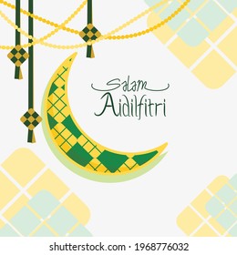 Editable Aidilfitri Patterned Crescent Moon Vector Illustration With Indonesian or Malaysian Ketupat for Design Concept of Islamic Holy Festival