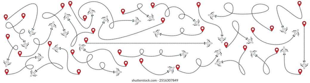 Editable de vuelos de avión con mapa de pines, rutas de avión y de línea Seguimiento de aeronaves. pista de vuelos, Viajes desde el punto de inicio y rastreo de líneas punteadas. Rutas aéreas de vuelo salpicadas