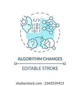 Editable algorithm changes icon concept, isolated vector, AI for SEO blue thin line illustration.