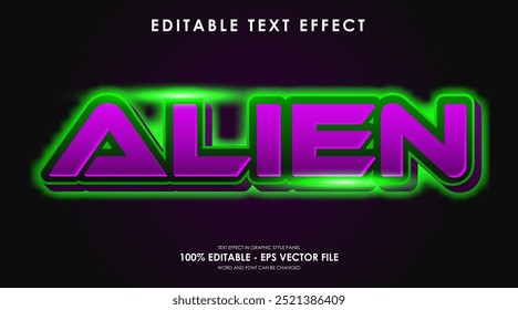 Efeito de texto 3D de cor de néon roxo verde alienígena editável com brilho de lente