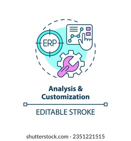 Análisis editable y concepto de icono de personalización, vector aislado, ilustración de línea delgada de planificación de recursos empresariales.