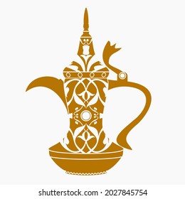 Editable Antique Dallah Arabian Coffee Pot Vector Illustration with Flat Monochrome Style and Detailed Pattern for Cafe and Middle Eastern Culture and Tradition Related Design