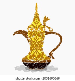 Editable Antique Dallah Arabian Coffee Pot Vector Illustration With Brush Strokes Style and Detailed Pattern for Cafe and Middle Eastern Culture and Tradition Related Design