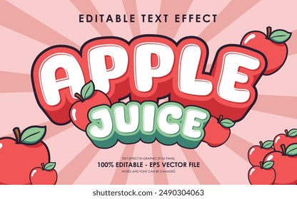 Efecto de texto de jugo de manzana editable. con ilustración de manzana. adecuado para frutas tropicales temáticas.