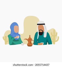 Editable Arab Couple Having Arabic Coffee Vector Illustration With Dallah Pot And Finjan Cups For Islamic Moments Or Arabian Culture Cafe Related Design