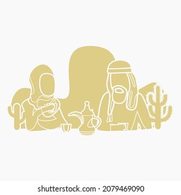 Editable Arab Couple Having Arabic Coffee Vector Illustration With Dallah Pot And Finjan Cups In Flat Monochrome Style For Islamic Moments Or Arabian Culture Cafe Related Design