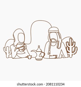 Editable Arab Couple Having Arabic Coffee Vector Illustration With Dallah Pot And Finjan Cups In Outline Style For Islamic Moments Or Arabian Culture Cafe Related Design