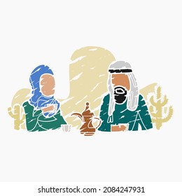 Editable Arab Couple Having Arabic Coffee Vector Illustration With Dallah Pot And Finjan Cups In Brush Strokes Style For Islamic Moments Or Arabian Culture Cafe Related Design