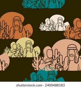 Editable dama árabe vierte café de Dallah Pot a la Copa Finjan para la ilustración del vector del esposo como patrón sin cabida con fondo oscuro para momentos islámicos o diseño relacionado con el café de la cultura árabe