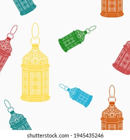 Editable Arab Lamps Vector Illustration in Flat Monochrome Style With Various Colors as Seamless Pattern for Creating Background of Islamic Occasional Theme Such as Ramadan and Eid or Arab Culture
