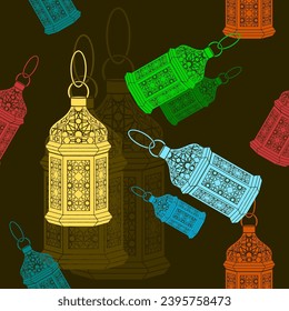 Editable Arab Lamps Vector Illustration in Flat Monochrome Style With Various Colors as Seamless Pattern With Dark Background for Islamic Occasional Theme Such as Ramadan and Eid or Arab Culture