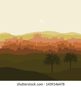 Editable Arabian City Silhouette Vector Illustration With Crescent Moon and Date Palm Trees on Desert for Islamic Religious Moments Design Such as Ramadan and Eid With Medieval Panorama