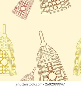 Editable Arabian Lamps Vector Illustration in Outline Style With Various Colors as Seamless Pattern for Creating Background of Islamic Occasional Theme Such as Ramadan and Eid or Arab Culture