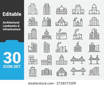 Arquitetura editável e ícones de linha de construção, símbolos minimalistas de traço de casas residenciais, locais religiosos, fábricas, escritórios e infraestrutura de ponte