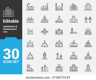 Iconos de línea de arquitectura e infraestructura editables, símbolos de trazo minimalista de sitios religiosos, fábricas, puentes, edificios cívicos y estructuras de servicios públicos