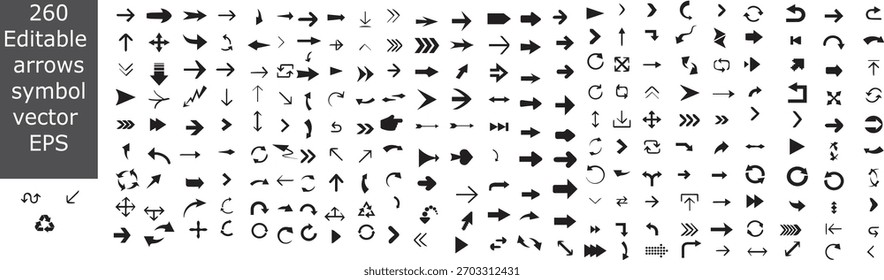 Iconos de flecha editables en estilo moderno de Vector negro. Este conjunto incluye múltiples Formas de flecha rectas, curvas, circulares, direccionales y a para infografías, diseño de interfaz de usuario, presentaciones, mapas