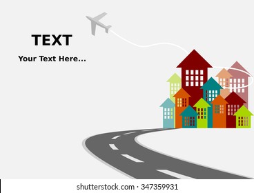 Editable Arrows Style City Vector Illustration with Road and Aeroplane on Sky for Text Background