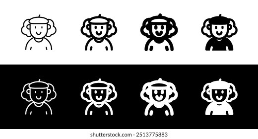 Artista editable con el ícono de Vector del avatar del pelo rizado largo. Usuario, perfil, identidad, persona. Parte de una gran familia de iconos. Perfecto para interfaces de Web y App, presentaciones, infografías, etc