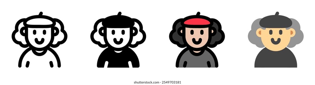 Artista editable con el ícono de Vector del avatar del pelo rizado largo. Usuario, perfil, identidad, persona. Parte de una gran familia de iconos. Perfecto para interfaces de Web y App, presentaciones, infografías, etc