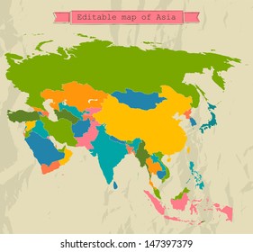 Editable Asia map with all countries. Vector illustration EPS8