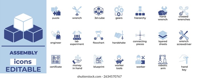 Editable assembly line icons with clean line art style, ideal for manufacturing, industry, automation, and workflow visuals.