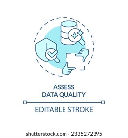 Editable assess data quality concept blue thin line icon, isolated vector representing data democratization.