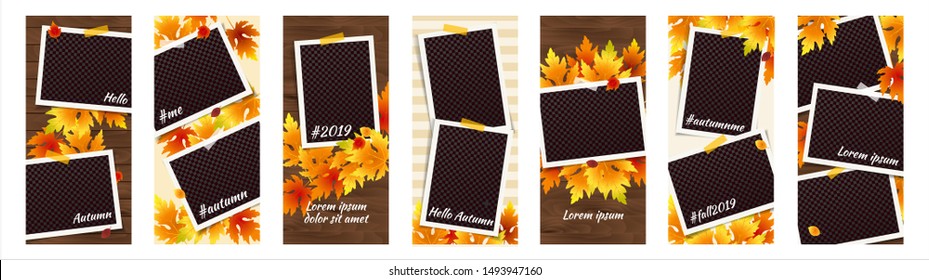 Editable Autumn Social Network Stories Template Set With Photo Frames, Fall Flyers. Vector Mock Up. Story Thanksgiving Collection. Harvest Festival Banners. Fall Party Invitation With Falling Leaves