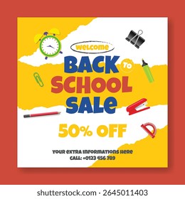 Editable Back to school social media post, banner, ads template for school admission, online learning web banner, Back  to school celebration party, and sale offer square flyer or poster design