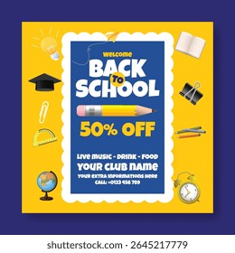 Editable Back to school social media post, banner, ads template for school admission, online learning we banner, Back  to school celebration party and sale offer square flyer or poster design