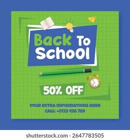 Editable Back to school social media post, banner, ads template for school admission, online learning we banner, Back  to school celebration party and sale offer square flyer or poster design