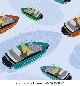 Editable Back Top Oblique View American Bowrider Boats in Various Colors on Water Vector Illustration as Seamless Pattern for Creating Background of Transportation or Recreation Related Design svg
