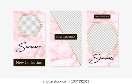 Editable background stories design template on marble pink background.
