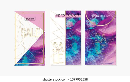 Editable background stories design template with purple and pink background and gold lines