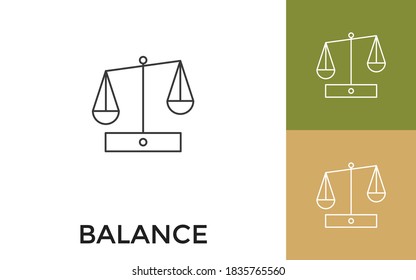Equilibrio modificable o Escala de justicia Icono de línea delgada con título. Útil para aplicaciones móviles, sitio web, software y medios impresos.
