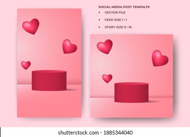 Editable banner design template. Valentine's promotion banner design with podium, stage, stand illustration for product placement. Flat design vector. Suitable for social media feed,story and banner