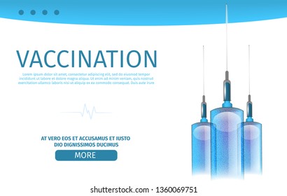 Editable Banner with Realistic Vertical Syringes Filled Abstract Vaccine. Medical Background Vector Illustration Dedicated to Vaccinations for Adults and Children. Landing Page for Online Clinic