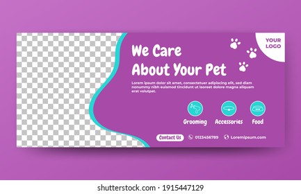 Editable banner template design. Pet banner with a purple color background. Usable for cover, banner, background, and web internet ads. Flat design vector with a photo collage.