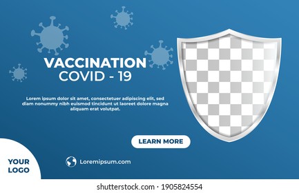 Editable banner template design. Vaccination banner with shield frame photo collage. Modern banner with virus icon. Flat design vector. 