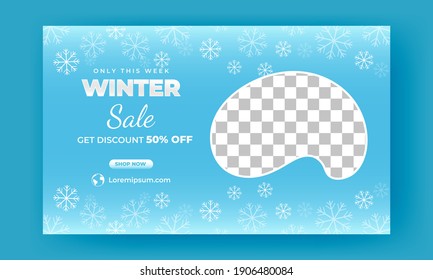 Editable banner template design. Winter sale banner design with snowflakes. Flat design vector with a photo collage. Suitable for banner, web ads, and cover.