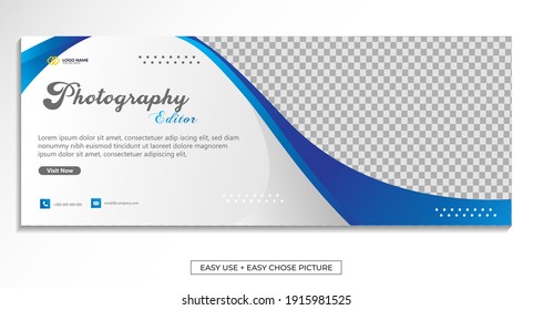 Editable banner web template with blue white background. Minimal, modern vector illustration