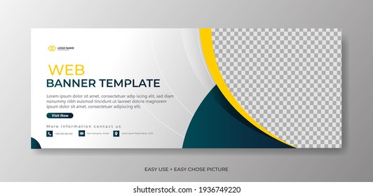 Editable banner web template with blue yellow white background. Minimal, modern vector 