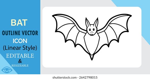 Editable Bat Outline Vector Icon Linear Style, Resizable Graphic
