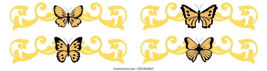 editable beautiful butterfly with swirls vector, perfect for elegant designs, decorations, and artistic projects. Ideal for nature, beauty, and ornamental themes