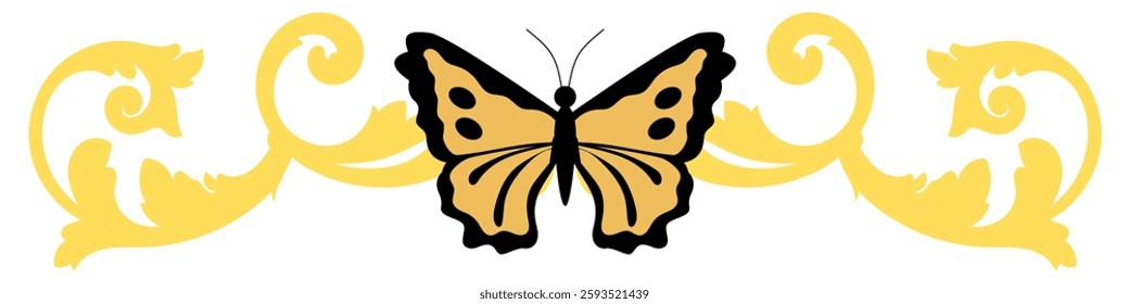 editable beautiful butterfly with swirls vector, perfect for elegant designs, decorations, and artistic projects. Ideal for nature, beauty, and ornamental themes