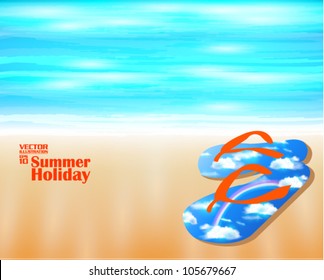 editable beautiful refreshing summer and sandals on beach vector design